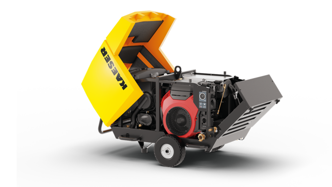 Lahtiklapitav kompressor Mobilair M17 lihtsamaks ligipääsuks hoolduse ajal.